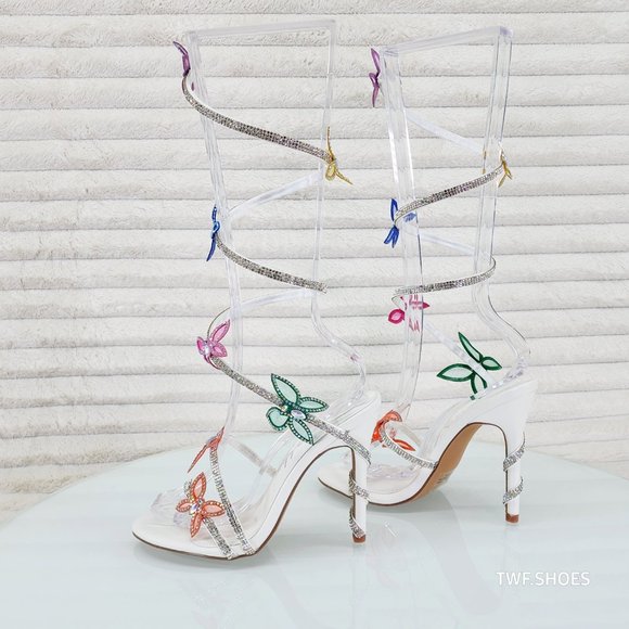 Fly Girl White Upper & Rhinestones Multi Color Butterfly Wrap Strap High Heels - Picture 4 of 10